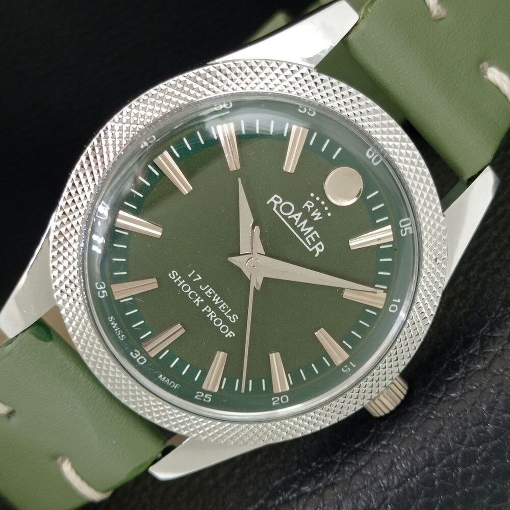 Vintage 1980 Roamer Manual Mens Silver Watch W/Leather Strap & Green accents